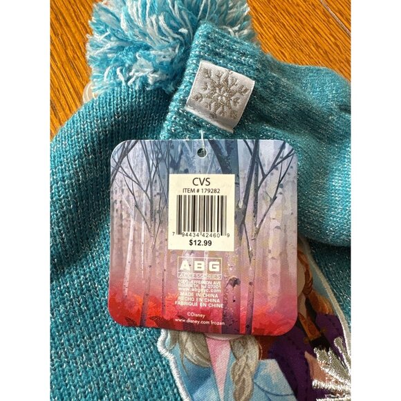 Disney Frozen II Kids Winter Hat & Mittens Set Elsa & Anna Design Teal Ages 4-7 - Picture 2 of 5